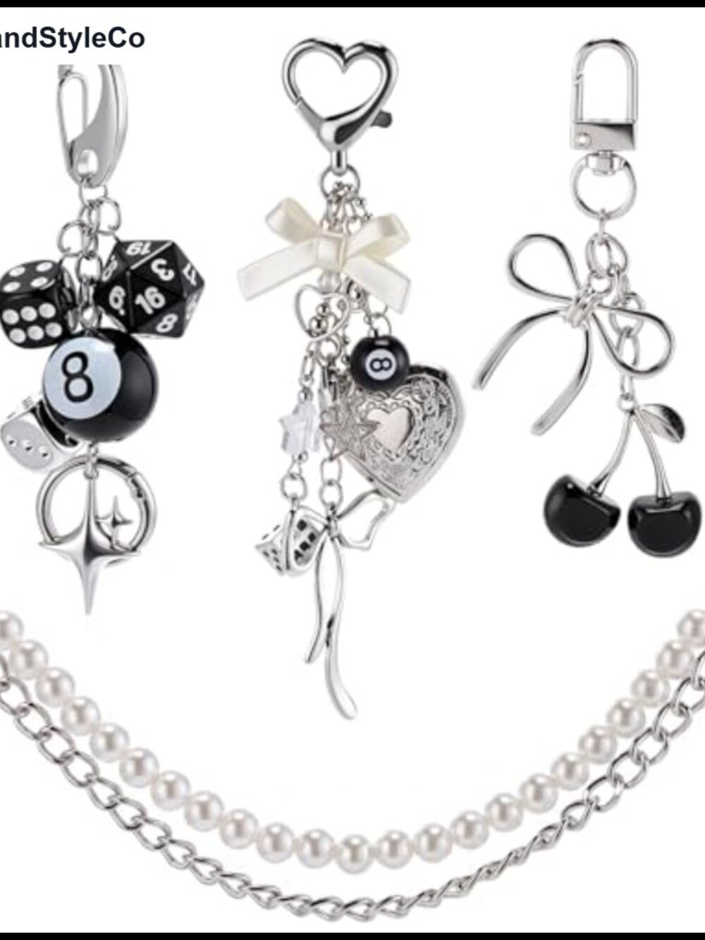 4 Pack Purse Charms Keychain Set Faux Pearl Cherry Heart Locket